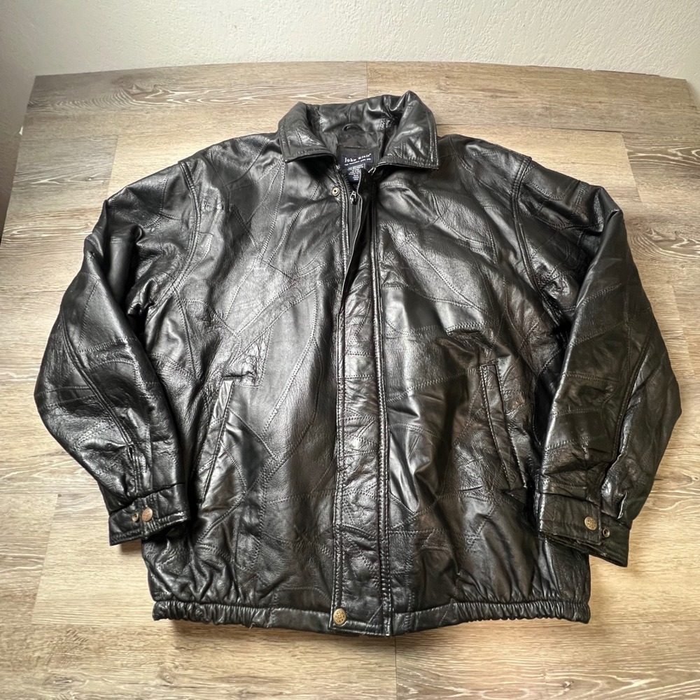 John Blair Patchwork Leather Jacket Mens XLG Black Bomber Vintage Zip Up